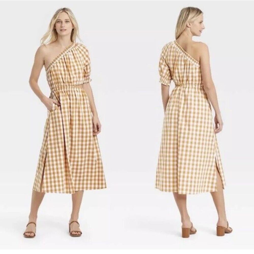 WhoWhatWear One Shoulder Gingham Midi Dress 2X